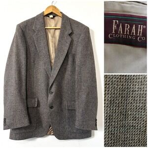 VTG 90s Farah Clothing Co Tweed Blazer Sport Coat Brown Windowpane 42L